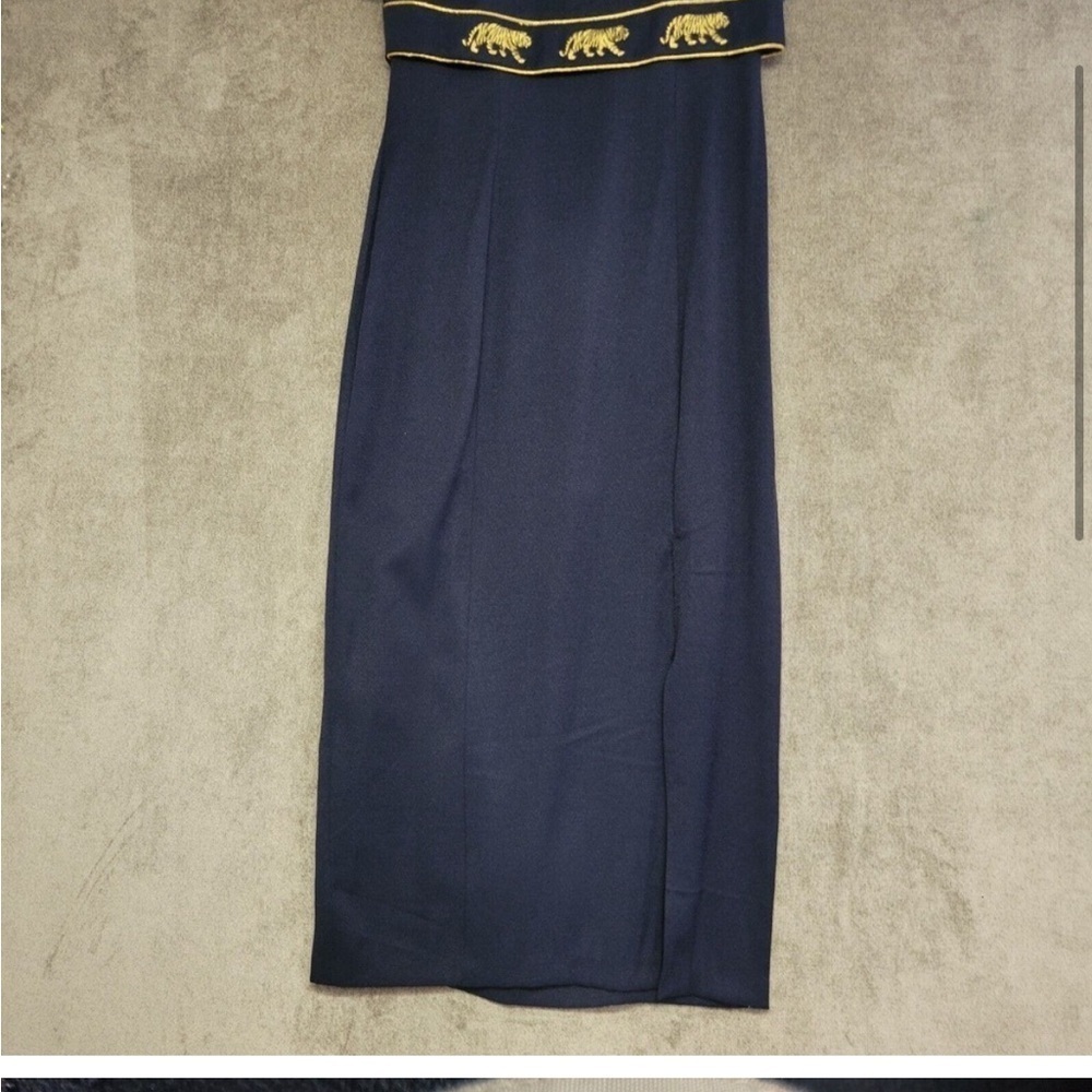 Vintage Scarlet Maxi Dress Womens 7/8 Blue Gold Metallic Embroidered Tiger Tie - Picture 8 of 9